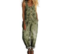 DOTBUY-SHOP Jumpsuit Damen Elegant Sommer, Street Retro Ärmellos Overall Lang Hosenanzug Lässiger Loose Fit Große Größen Playsuit Outfits Einteiler für Festlich Party (Grüne Blätter,S)