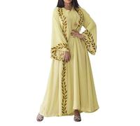 DOTBUY-SHOP Muslimische Kleider Damen mit Kopftuch, Muslimische Kleider Damen Abaya Festlich Winter Kleidung Frauen für Beten mit Kopftuch Modern Herbst, Blätter (Gelb,S)