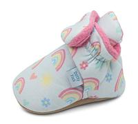 Dotty Fish Baby Winterschuhe mit wildeledersohle. Warme Baby Stiefel aus Baumwoll-Futter. Rutschfest. Blau mit Regenbögen und Herzen. 6-12 Monate