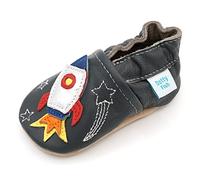 Dotty Fish Weiche Baby Kinder Lederschuhe mit weichen Wildledersohlen. Krabbelschuhe. Jungen. Dunkelgrau mit Raketenmotiv. 2-3 Jahre (25 EU)