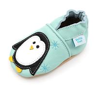 Dotty Fish Babyschuhe aus weichem Leder - rutschfeste Hausschuhe mit weicher Sohle, leicht und atmungsaktiv, als Krabbelschuhe geeignet, Unisex - Blau mit Pinguin 6-12 Monate