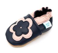 Dotty Fish Babyschuhe aus weichem Leder - rutschfeste Hausschuhe mit weicher Sohle, leicht und atmungsaktiv, als Krabbelschuhe geeignet, Unisex - Marineblau Rosa Blume 6-12 Monate