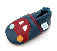 Dotty Fish Babyschuhe aus weichem Leder - rutschfeste Hausschuhe mit weicher Sohle, leicht und atmungsaktiv, als Krabbelschuhe geeignet, Unisex - Marineblau mit rotem Auto 12-18 Monate