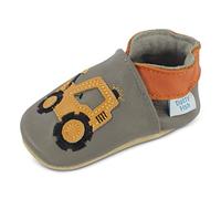 Dotty Fish Babyschuhe aus weichem Leder - rutschfeste Hausschuhe mit weicher Sohle, leicht und atmungsaktiv, als Krabbelschuhe geeignet, Unisex - Grau mit gelbem Bagger 12-18 Monate