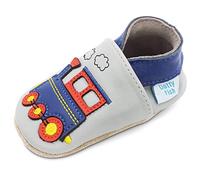 Dotty Fish Weiche Baby Kinder Lederschuhe mit weichen Wildledersohlen. Krabbelschuhe. Jungen. Hellgrauer und Blauer Zug. 12-18 Monate (21 EU)