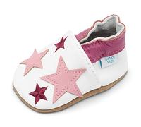 Dotty Fish Babyschuhe aus weichem Leder - rutschfeste Hausschuhe mit weicher Sohle, leicht und atmungsaktiv, als Krabbelschuhe geeignet, Unisex - Weiß und Hellrosa Sterne 12-18 Monate
