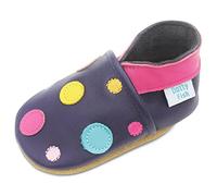 Dotty Fish Babyschuhe aus weichem Leder - rutschfeste Hausschuhe mit weicher Sohle, leicht und atmungsaktiv, als Krabbelschuhe geeignet, Unisex - Marineblau mit bunten Punkten 2-3 Jahre