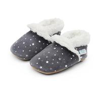 Dotty Fish Baby & Kleinkind Pantoffeln aus Wildleder - Rutschfest & Warm mit Fleecefutter - Barfußgefühl - Silberne Sterne. 2-3 Jahre (25 EU)