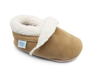 Dotty Fish Barfuß-Hausschuhe aus Wildleder für Babys & Kinder - Fleecegefütterte Winter-Pantoffeln für Jungen & Mädchen - Rutschfeste Sohle, Warm & Gemütlich - Hellbraun 3-4 Jahre