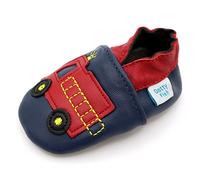 Dotty Fish Babyschuhe aus weichem Leder - rutschfeste Hausschuhe mit weicher Sohle, leicht und atmungsaktiv, als Krabbelschuhe geeignet, Unisex - Navy und rot Feuerwehrauto 12-18 Monate