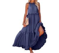 Dotwites Damen Sommer Ärmellos Neckholder Lagenkleid Flowy Rüschen Lagenplissee Langes Strandkleid Sommerkleid (Dunkelblau, L), blau
