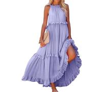 Dotwites Damen Sommer Ärmellos Neckholder Lagenkleid Flowy Rüschen Lagenplissiert Langes Strandkleid Sommerkleid (Lila, S), violett