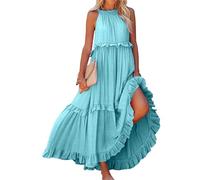 Dotwites Damen Sommer Ärmellos Neckholder Lagenkleid Flowy Rüschen Lagenplissiert Langes Strandkleid Sommerkleid (Hellblau, XX-Large), türkis