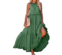 Dotwites Damen Sommer Ärmelloses Neckholder Lagenkleid Flowy Rüschen Lagenplissee Langes Strandkleid Sommerkleid (Grün, M), grün