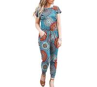 DOUBCQ Damen Sommer Casual Kurzarm Elastische Taille Strampler Jumpsuit mit Taschen - Blau - Klein
