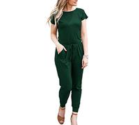 DouBCQ Lässiger Damen-Jumpsuit, kurzärmelig, elastische Taille, Jumpsuit mit Taschen, 0-dunkelgrün, Small