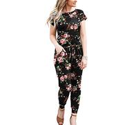 DouBCQ Lässiger Damen-Jumpsuit, kurzärmelig, elastische Taille, Jumpsuit mit Taschen, Blume Rose Schwarz, X-Large