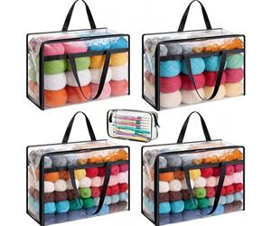 DOUBFIVSY 4 Stück Garn Aufbewahrungs Organizer + Häkeltasche, 46 x 38 x 23cm Groß Transparenter Tragbare Garnaufbewahrung, Staubdichte Wolle Aufbewahrung, Stricktasche mit Doppelreißverschluss & Griff