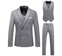 Double Breasted 3 Piece Suit Set für Männer Business Casual Solide Blazer Jacke Weste Hose Hochzeit Prom Smoking Anzüge (Grau,5XL)