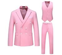 Double Breasted 3 Piece Suit Set für Männer Business Casual Solide Blazer Jacke Weste Hose Hochzeit Prom Smoking Anzüge (Rosa,XL)