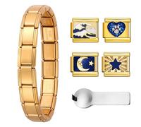 Double Fair Italienisches Charm-Armband, 18,3 cm, Edelstahl, 9 mm, mit 4 austauschbaren Anhängern (Mond/Welle/Pfote) und Öffnungswerkzeug für Frauen, 7inch, Kein Edelstein