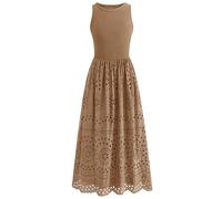 dowerme Damen-Sommerkleider 2026, lässig, ärmellos, Rundhalsausschnitt, A-Linie, Boho, Spitze, Ösen, Baumwolle, Tank-Maxikleid mit Taschen, Khaki, Mittel