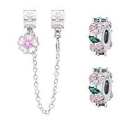 Doyafer 925 Sterling Silber Clips Charms Sicherheitskette Set Silikon Spacer Perlen Stpper Charms für Armbänder Frauen Freunde Geschenk (B-Flower Silikon Perlenkette Set 3 Stück/Packung)