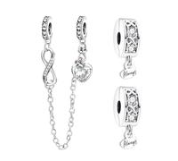 Doyafer 925 Sterling Silber Clips Charms Sicherheitskette Set Silikon Spacer Perlen Stpper Charms für Armbänder Frauen Freunde Geschenk (B-Infinite Perlen Kette Charms Set 3 Stück/Packung)