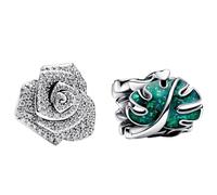 Doyafer 925 Sterling Silber Funkelnde Rose in Blüte Charm Grüne Blätter Charm Anhänger Set für Frauen Armbänder, Halsketten, Urlaub Geburtstagsgeschenke für Freunde und Familie, DIY Armbänder