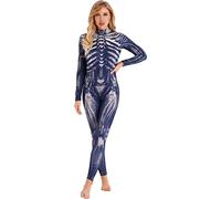 dPois Damen Halloween Skelett Jumpsuit Lang Overall Einteiler Body 3D Druck Ganzkörper Anzug Langarm Catsuit Fasching Karneval Cosplay Outfits Grau XL