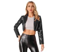 dPois Damen Jacke Lederoptik Kurz Motorradfahrer Mantel Cropped Jacke Bolero Lack Leder Bikerjacke Offen mit Reverskragen Gothic Punk Clubwear Schwarz M