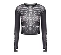 dPois Damen Langarmshirt Gothic Oberteil Mesh Shirt Bluse Skelett Druck Durchsichtig Tops Oberteil Punk Sommer Crop Top Clubwear A Schwarz M