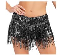 dPois Damen Pailletten Shorts Kurze Hose Hotpants mit Quasten Fransen Bauchtanzrock Tanzshorts Jazz Latein Tanz Ballsaal Kostüm Schwarz XS