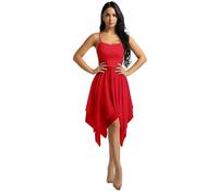 dPois Damen Tanzkleid Ballett Kleid Ärmellos aus Chiffon Swing mit Spaghettiträger Asymmetrische Tanzkostüme Latein Rumba Tango Ballsaal Dancewear Rot M