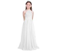 dPois Mädchen Festliches Kleid Lange Abendkleid Blumenmädchenkleid Neckholder Partykleid Ärmellos Maxikleid mit Spitze Elegant Hochzeit Festzug Weiß 140