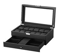 DRAIGERWAY Uhrenbox mit 2 Ebenen,Uhrenbox Schmuck Uhr Aufbewahrungsbox mit Glasdeckel, Uhrenkasten schmuckkästchen Uhrenkoffer 12 Fächer und 1 Schublade für Uhren, Ringe, Armbänder (Kohlefaser-W60B)