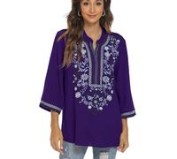 drakloak Damen Sommer Bluse Boho Stickerei Mexikanisch Tops V-Ausschnitt Shirt Kurzarm Boho Tunika Folklore Hippie Blusen(372 PP XL)