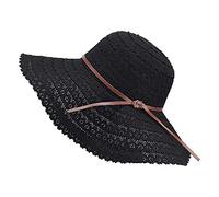 Drawihi Damen Sonnenhut Spitze Strohhut Sommerhut Anti-UV Sonnenschutz Mädchen Faltbare Groß Krempe Lässige Hut für Outdoor-Aktivitäten (Schwarz) 58-60 cm
