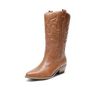 DREAM PAIRS Damen Cowboy Stiefel, Knöchelhohe Cowgirl Stiefel mit Stickerei, Western Chunky Niedrigabsatz Schuhe,Size 36.5,Bräunen,SDMB2218W