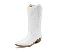 DREAM PAIRS Damen Cowboy Stiefel, Knöchelhohe Cowgirl Stiefel mit Stickerei, Western Chunky Niedrigabsatz Schuhe,Size 41,Weiss,SDMB2218W