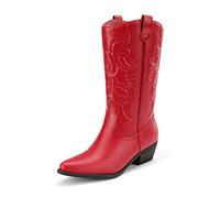 DREAM PAIRS Damen Cowboy Stiefel, Knöchelhohe Cowgirl Stiefel mit Stickerei, Western Chunky Niedrigabsatz Schuhe,Size 38.5,Rot,SDMB2218W
