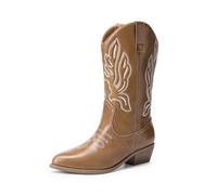 DREAM PAIRS Damen Cowboystiefel Halbhohe Cowgirlstiefel Stickereien Westernstiefel Fashion Herbststiefel Boots,Size 38.5,Hellbraun-Pu,DWUMMB2419