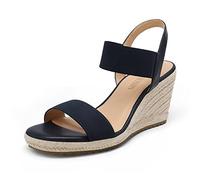 DREAM PAIRS Damen-Espadrilles mit offener Zehenpartie, elegante Plateau-Sandalen zum Hineinschlüpfen, elastische Knöchelriemen, Keilabsatz-Sandalen,Size 36.5,Marine,SDPW222W