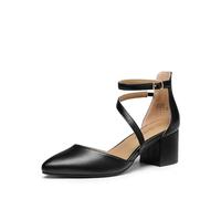 DREAM PAIRS Damen-Pumps mit geschlossenem, spitzem Zehenbereich und niedrigem Blockabsatz, Knöchelriemen, Hochzeitsschuhe, Elegante Schuhe,Size 41,Schwarz-Pu,SDPU2354W