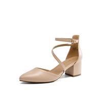 DREAM PAIRS Damen-Pumps mit geschlossenem, spitzem Zehenbereich und niedrigem Blockabsatz, Knöchelriemen, Hochzeitsschuhe, Elegante Schuhe,Size 38,Beige Pu,SDPU2354W