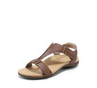 DREAM PAIRS Damen-Sandalen mit Fußgewölbeunterstützung, T-Riemen, orthopädische flache Sandalen, bequeme Sommerschuhe,Size 36.5,Braun,DWUMFS2508
