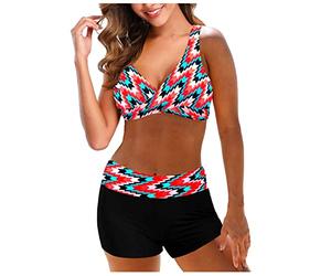 Dream Room Badeanzug Damen, Damen Zweiteiliger Badeanzug V Ausschnitt überkreuztes Blumenmuster Bikini Bademode Bauchkontrolle Bikini Sets Bikini-Sets für Damen mit Badeshorts