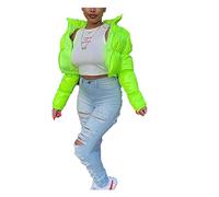 Dream Room Damen Puffer Jacke Einfarbige Winterjacke Warm Stehkragen Frauen Glänzend Daunenjacke Kurz Wattierte Steppjacke Female Baumwolljacke Mantel Herbst Outdoorjacke, XXL, A-fluorescent Green