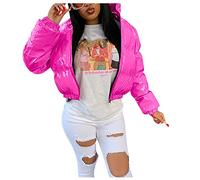 Dream Room Damen Puffer Jacke Einfarbige Winterjacke Warm Stehkragen Übergangsjacke Glänzend Kurz Geschnitten Wattierte Steppjacke Jacke Female Baumwolljacke Mantel Herbst jacke, A-Hot Pink, M