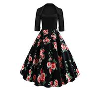 Dream Room Damen Vintage Rundhalsausschnitt Halber Ärmel Blumen Bestickt Knielangen Cocktailkleid